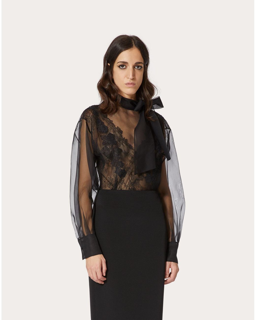 Valentino Gray Lace Long-Sleeved Blouse