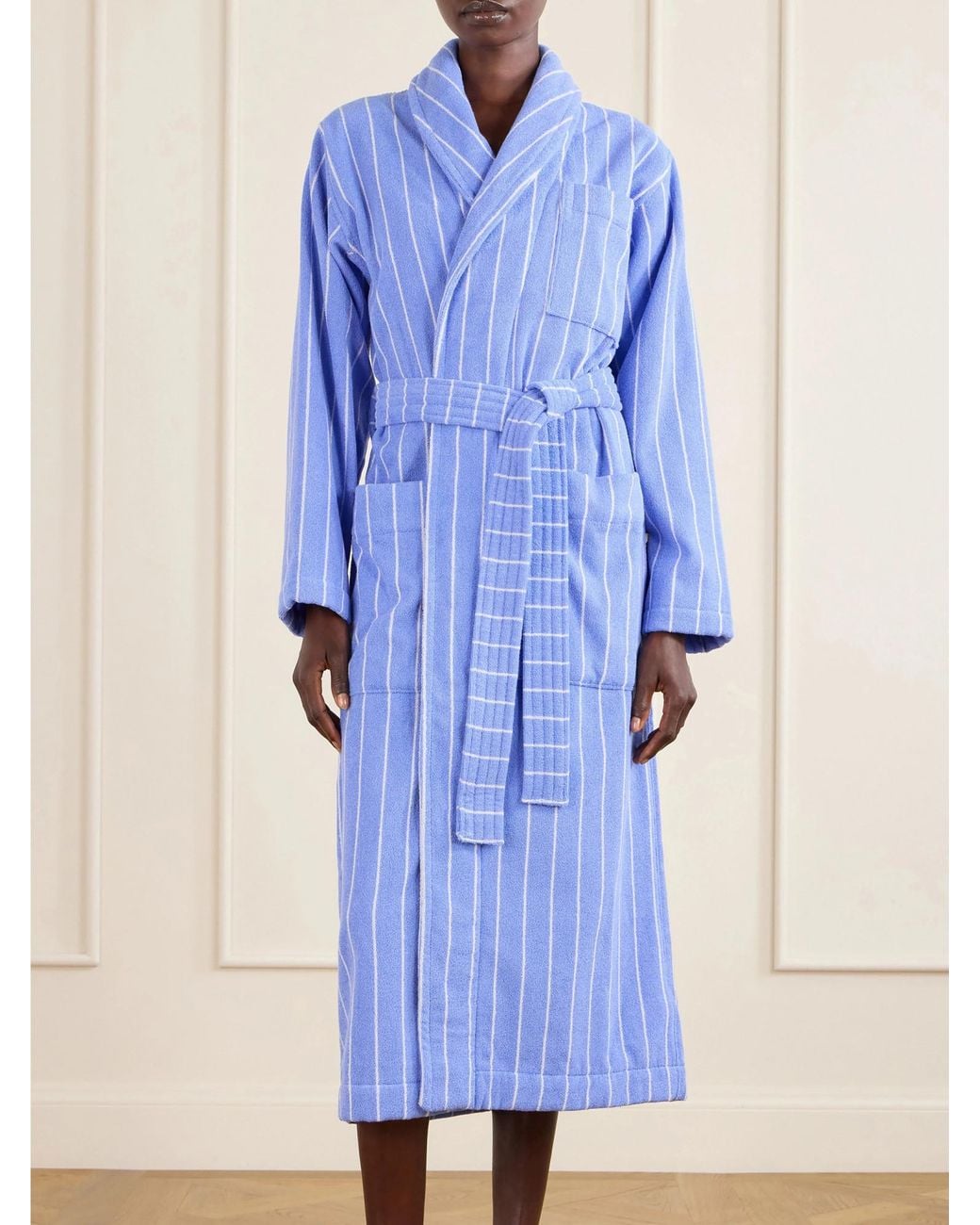 Tekla Blue Belted Striped Cotton-Terry Robe