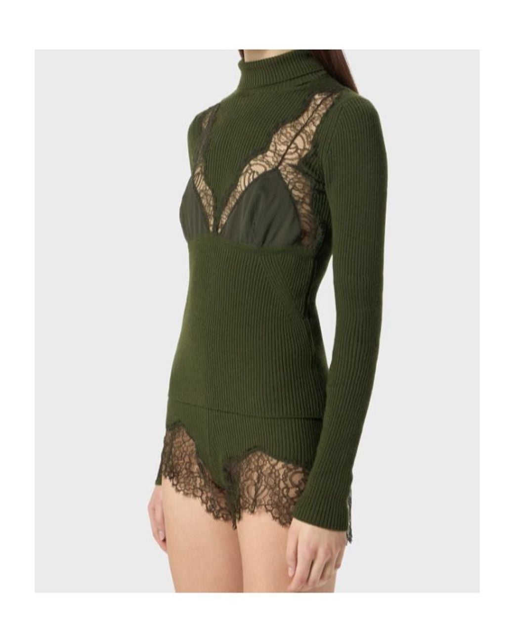 Blumarine Green Dolcevita Lace-Insert Ribbed Turtleneck Top