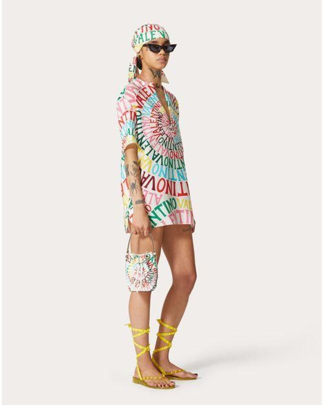 Valentino White Logo Ringed Crepe Chine Dress
