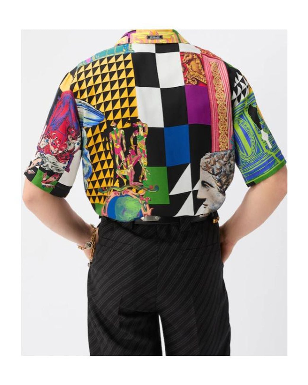 Versace Blue Pattern-Printed Short-Sleeved Twill Shirt for men