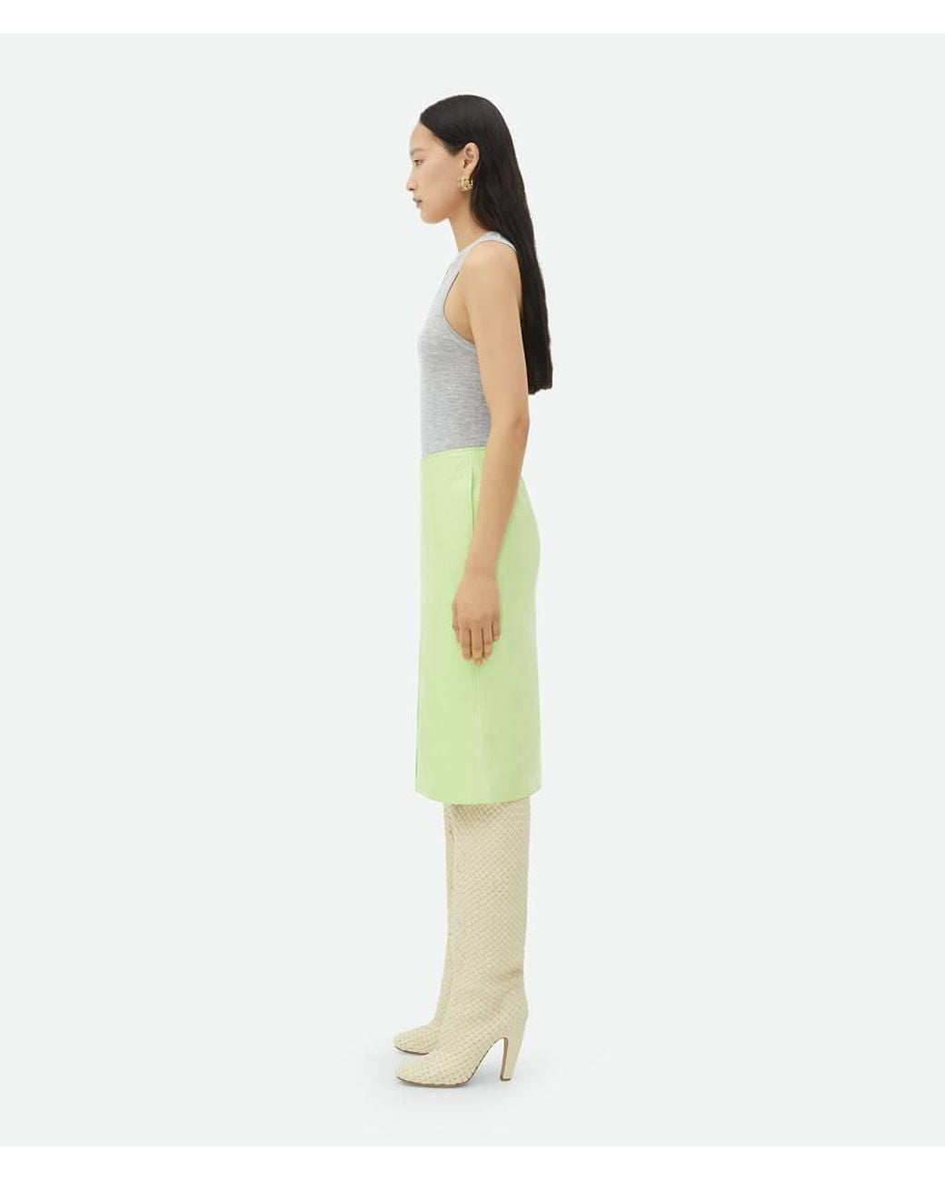 Bottega Veneta Green Shiny Leather Midi Skirt