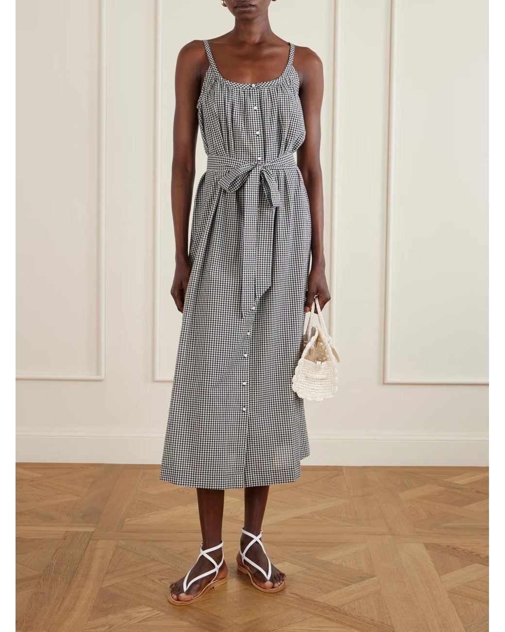 Doen Gray Nevita Belted Checked Organic Cotton Midi Dress