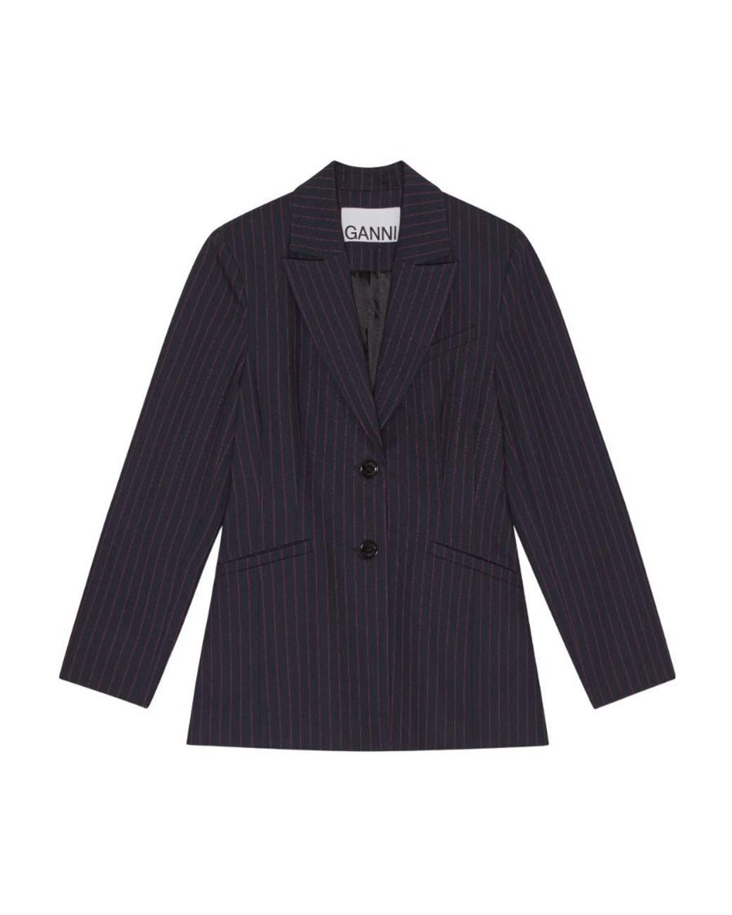 Ganni Blue Pinstriped Long-Sleeved Blazer