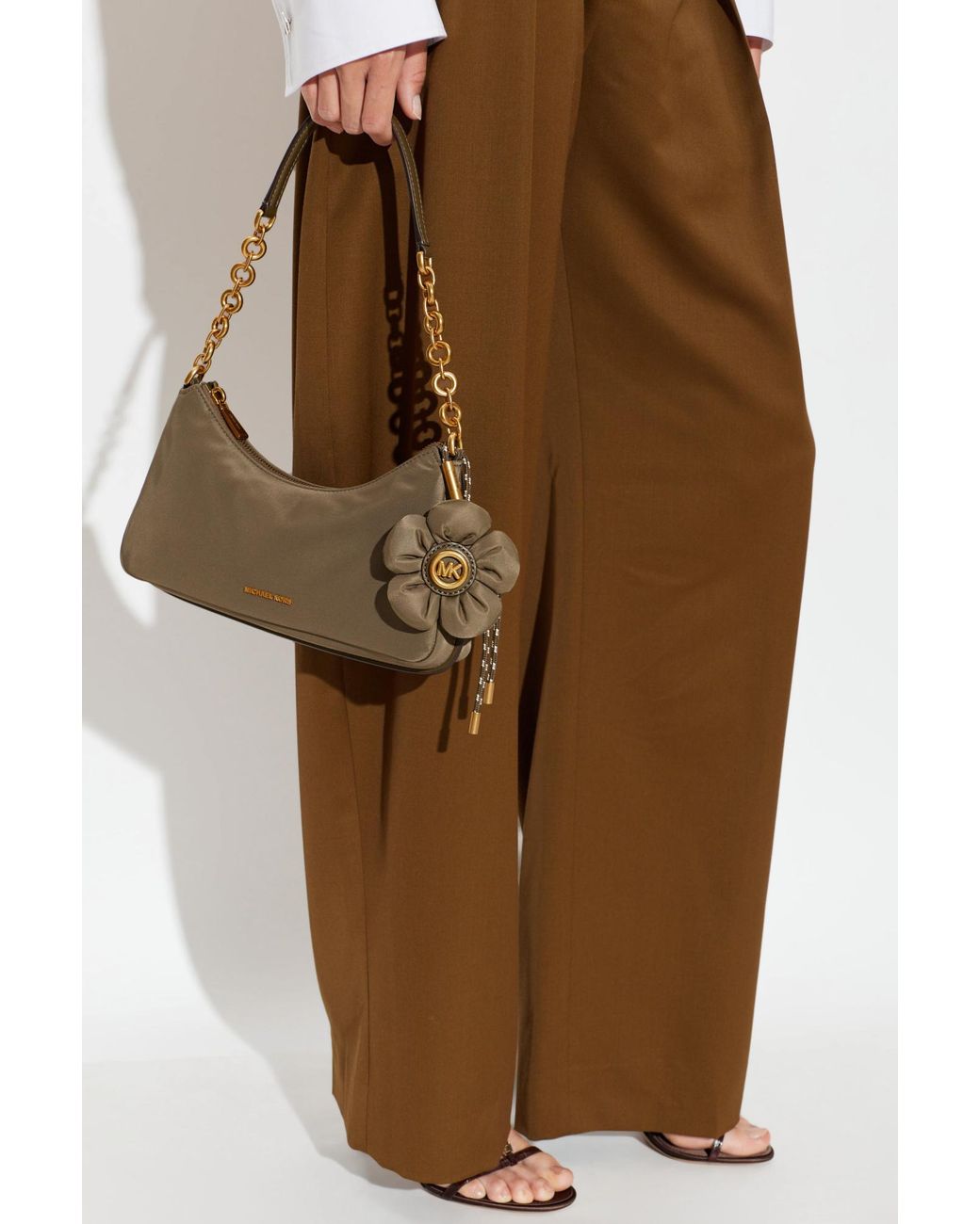 Michael Kors Brown Floral-Applique Chain-Link Shoulder Bag