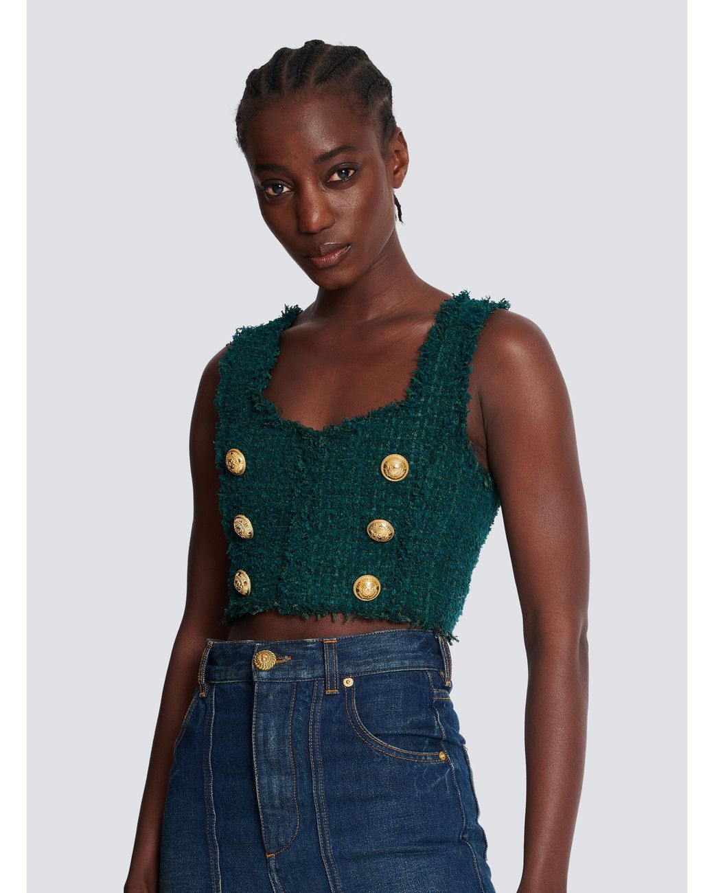 Balmain Green Tweed Crop Top