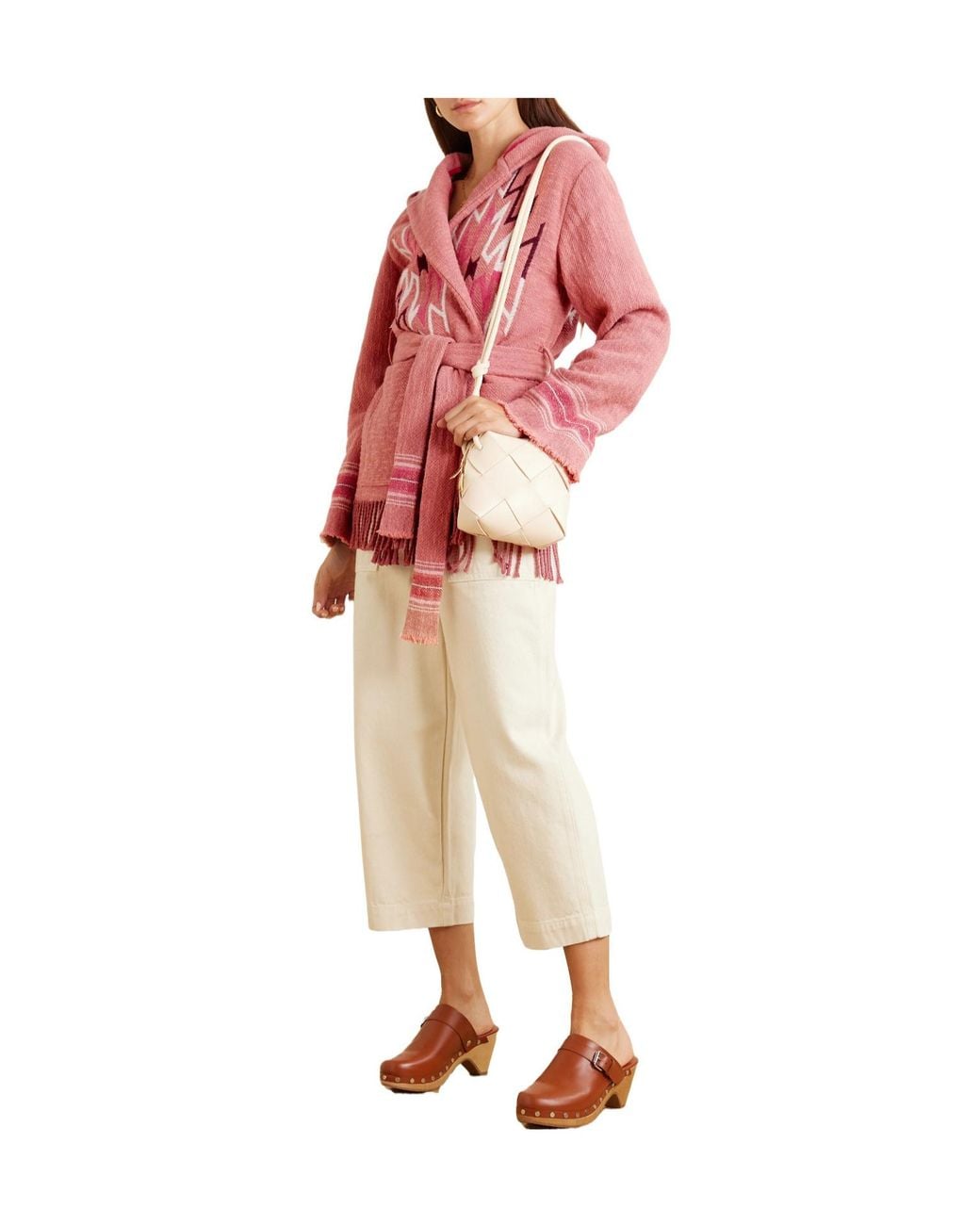Fortela Red Felipa Belted Hooded Fringed Wool-Blend Jacquard Cardigan