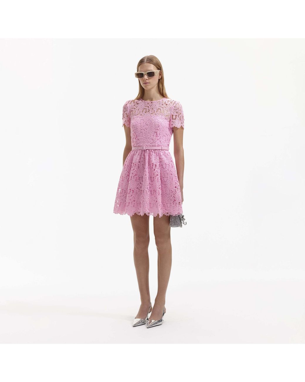 Self-Portrait Pink Guipure-Lace Belted Mini Dress