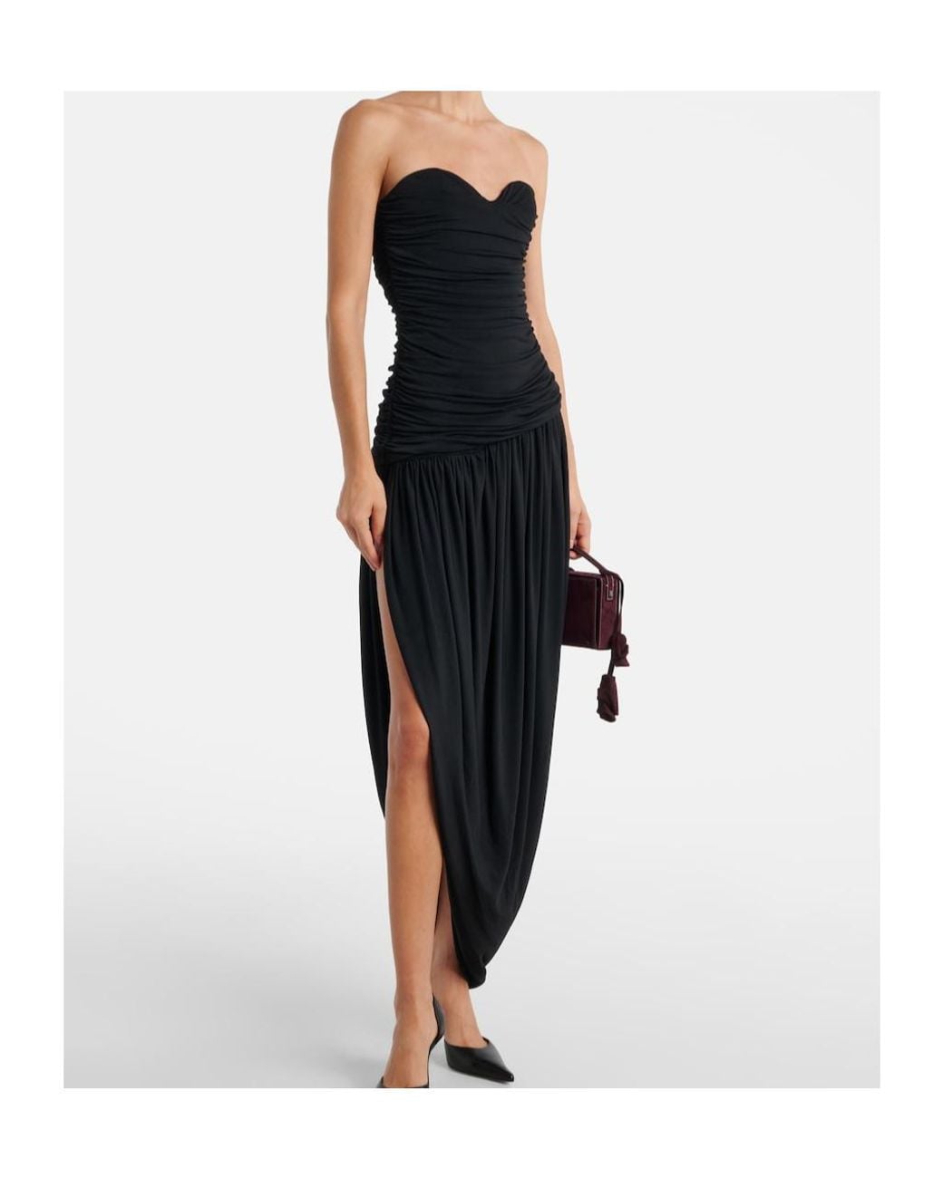Magda Butrym Black Ruched Asymmetric Draped Midi Dress