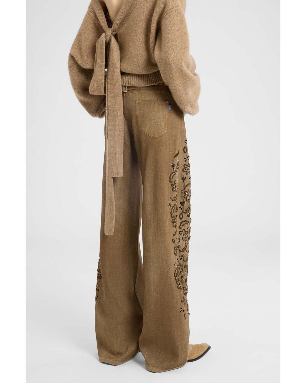 Ermanno Scervino Natural Floral-Embroidered Wide-Leg Trousers