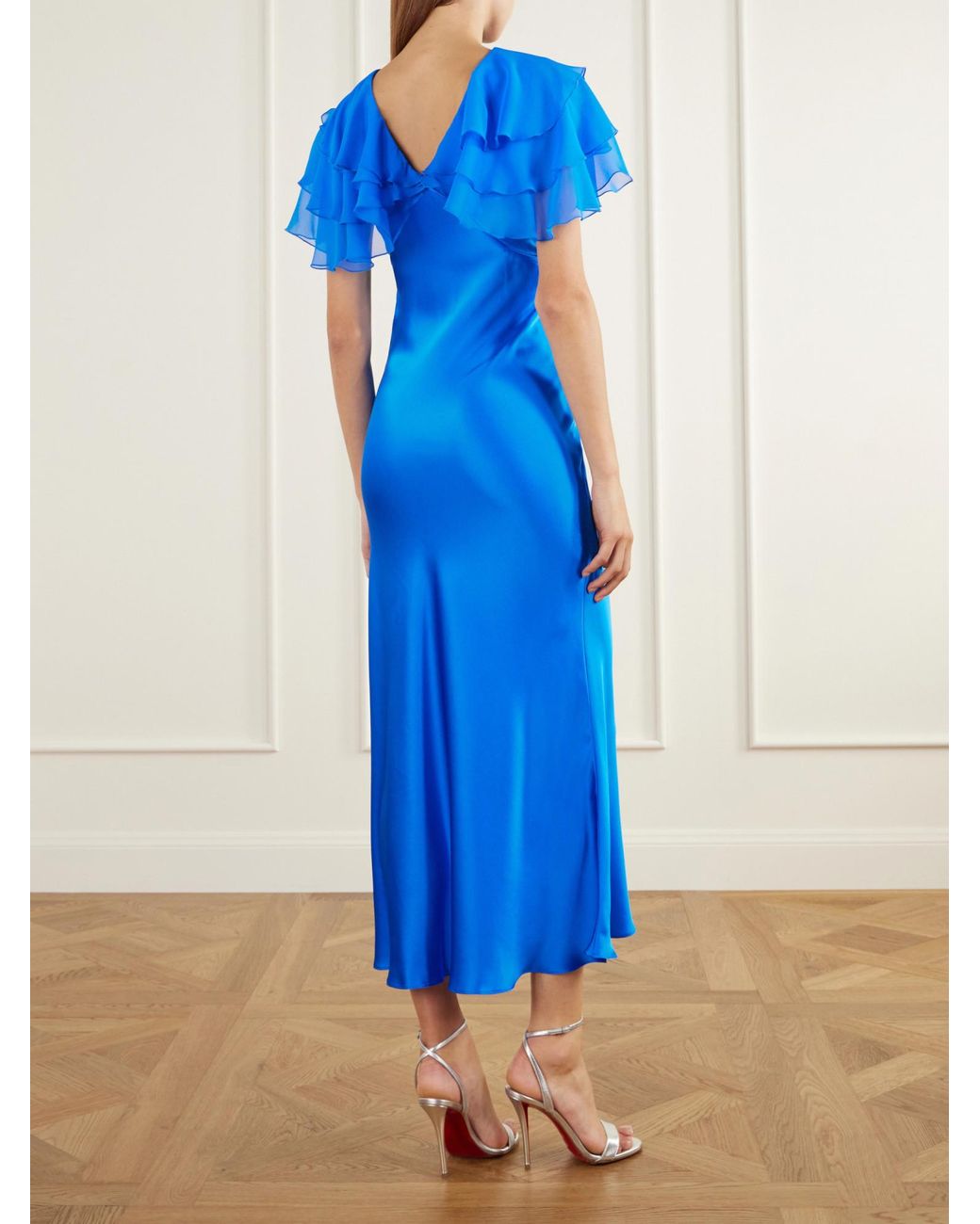 Rodarte Blue Ruffled Cape-Effect Floral-Appliquéd Silk-Satin Midi Dress