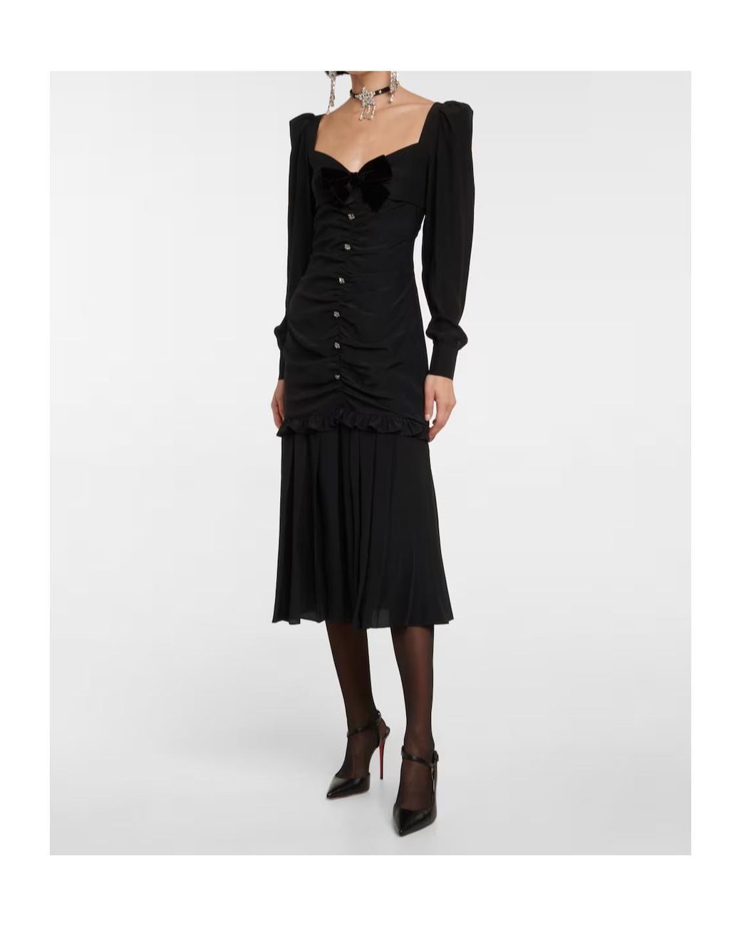 Alessandra Rich Black Ruched Silk Midi Dress