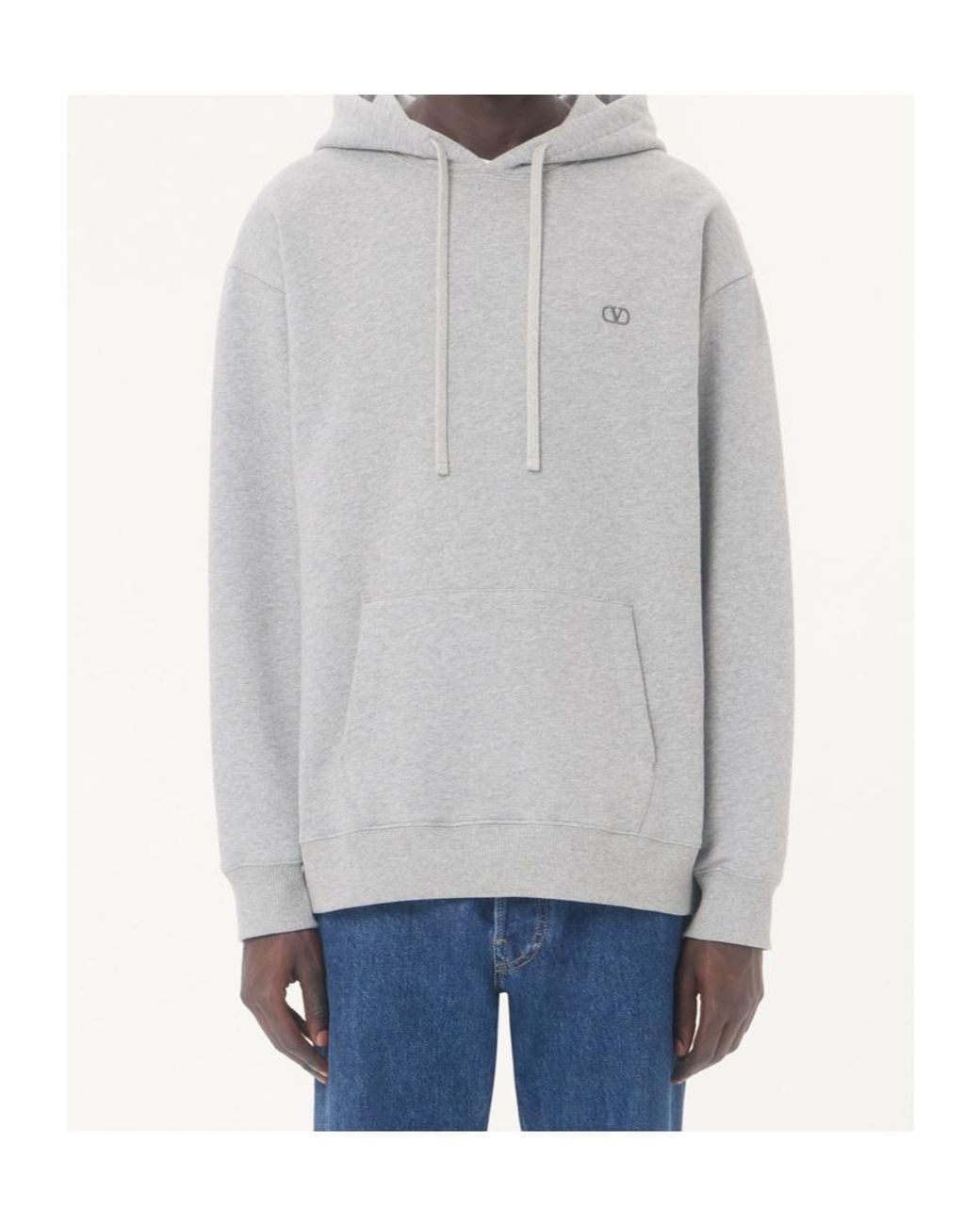 Valentino Gray Vlogo Embroidered Drawstring Hoodie for men
