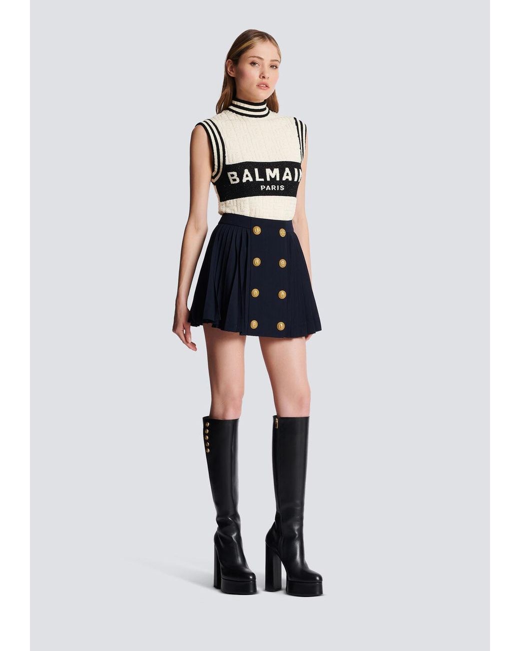Balmain Blue Ladies Marine Pleated Button-Detail Skirt