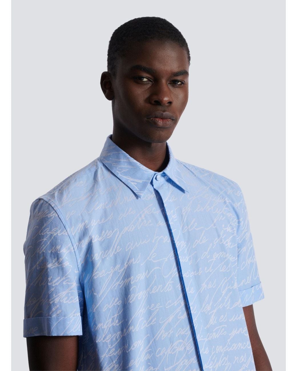 Balmain Blue Love Letter Printed Short-Sleeved Jacquard Shirt for men
