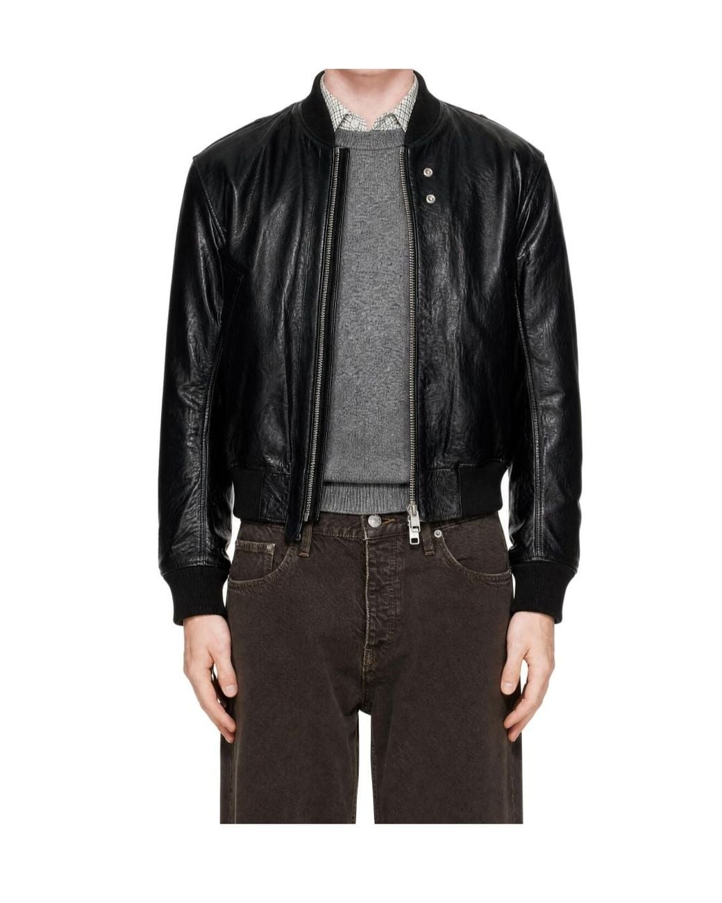 sunflower Black Zip-Up Leather Bomber Jacket for men