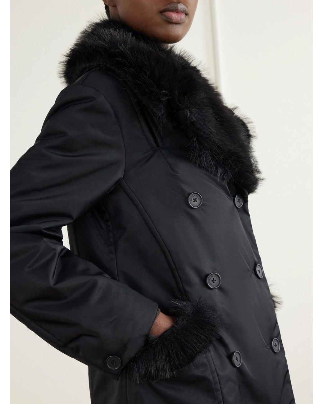 Simone Rocha Black Double-Breasted Plush-Trimmed Shell Coat