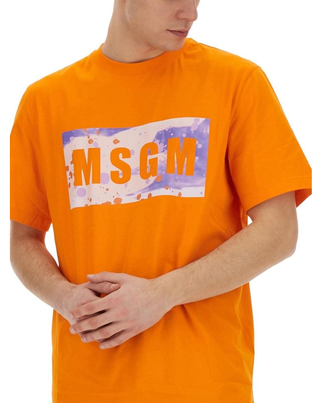 MSGM Orange Logo-Printed Crewneck T-Shirt for men