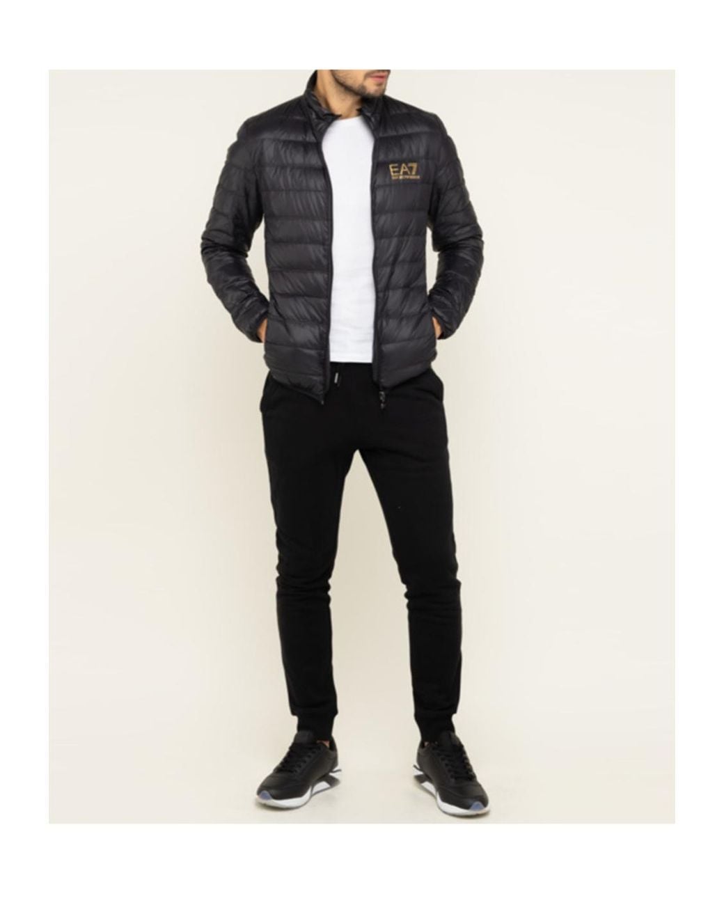 EA7 Black Logo Printed Zipped Puffer Jacket for men
