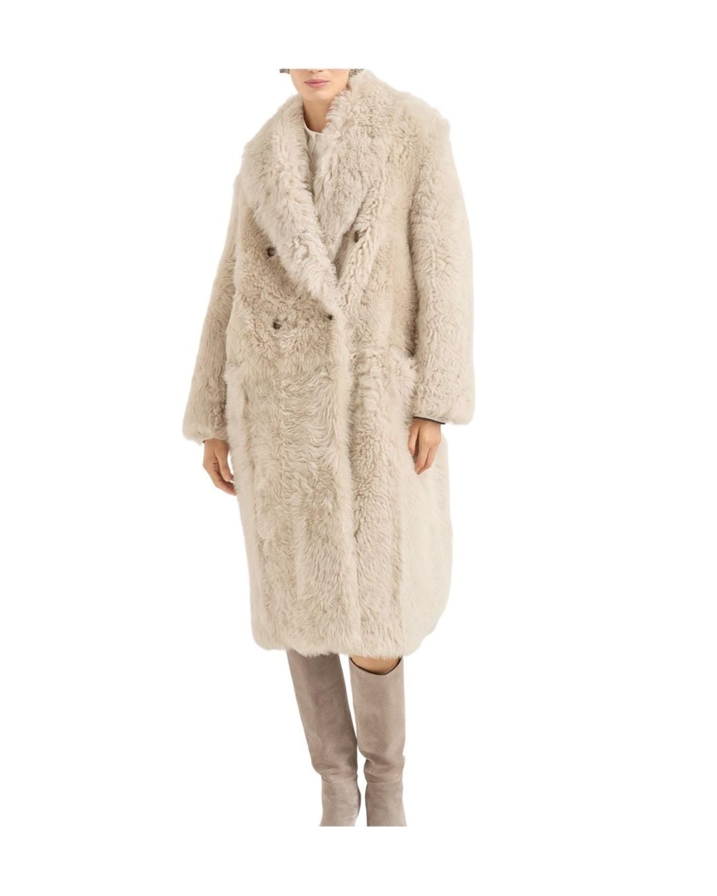 Brunello Cucinelli Natural Double-Breasted Shearling Coat
