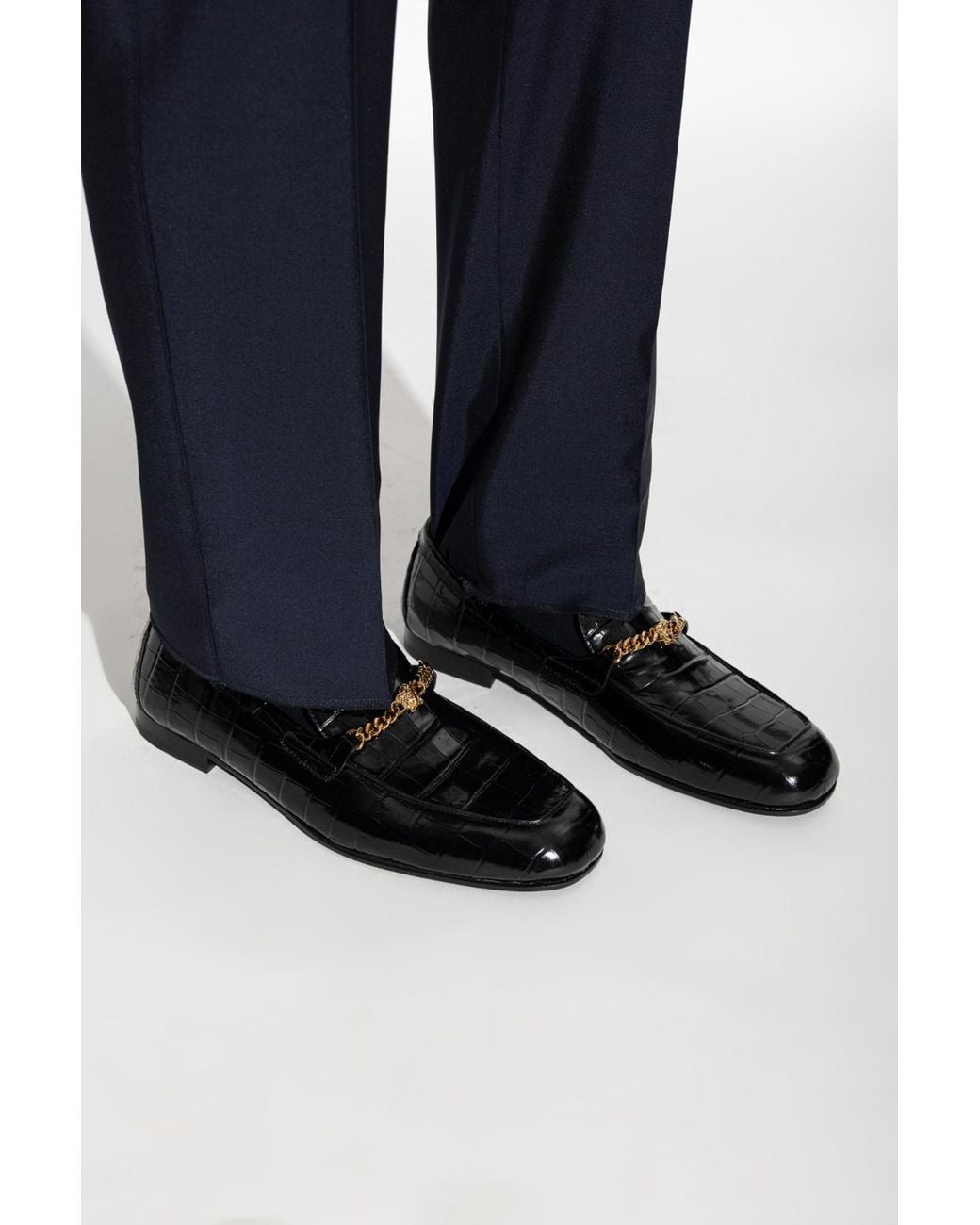 Versace Black Embossed Chain Detailed Loafers for men