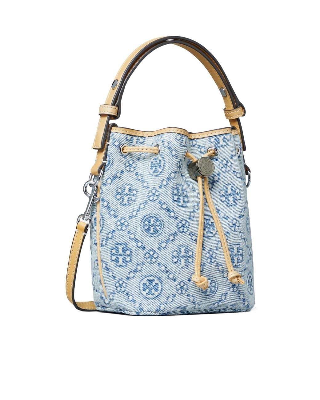 Tory Burch Blue T Monogram Drawstring Bucket Bag