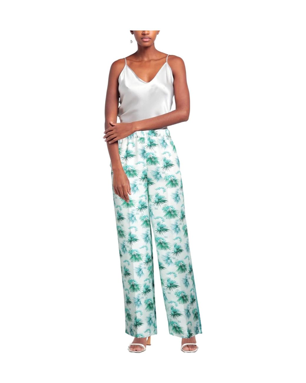Max Mara Green Floral Print Satin Trousers