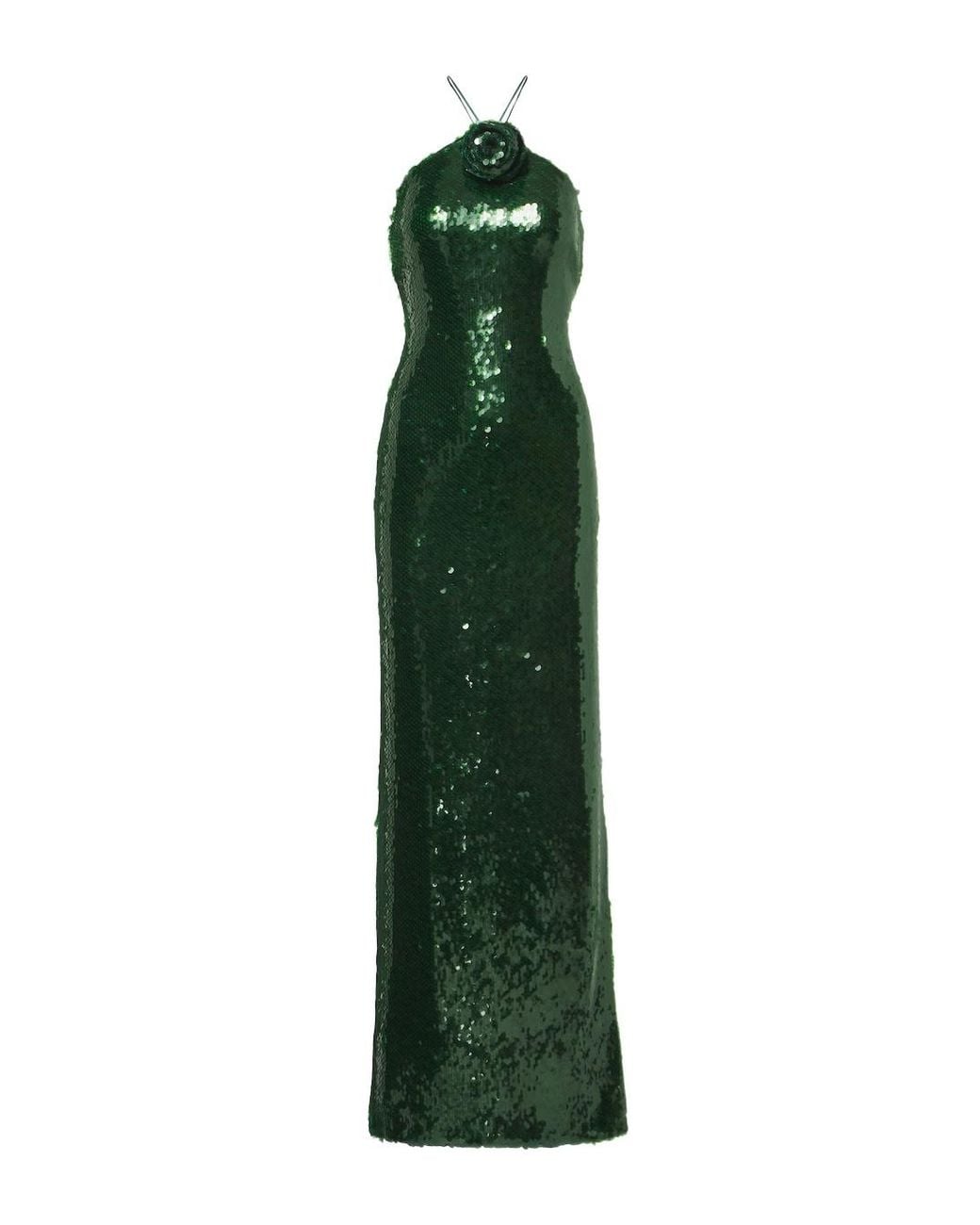 Magda Butrym Green Floral-Applique Sequined Halterneck Gown