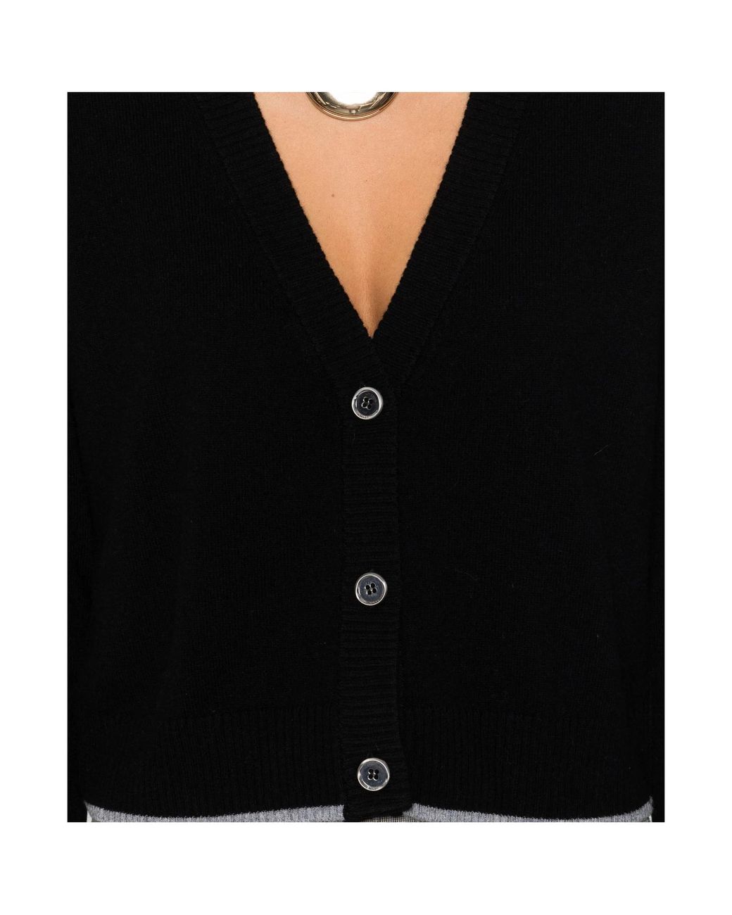 Pinko Black Cropped Cardigan Sweater With Deep V-Neckline