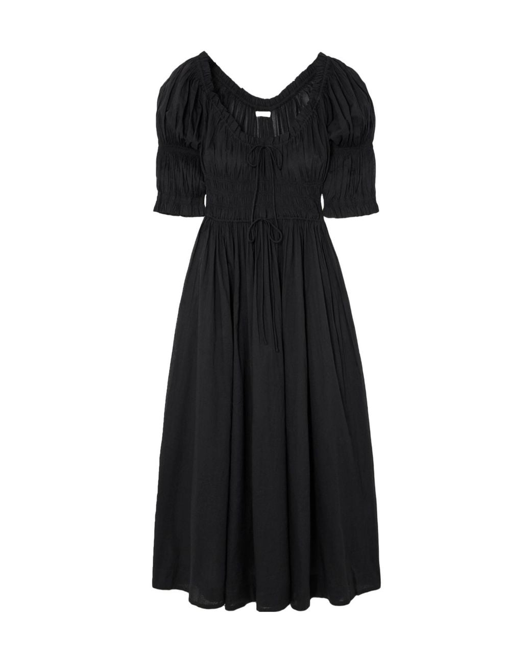 Doen Black Ischia Shirred Organic Cotton-Voile Midi Dress