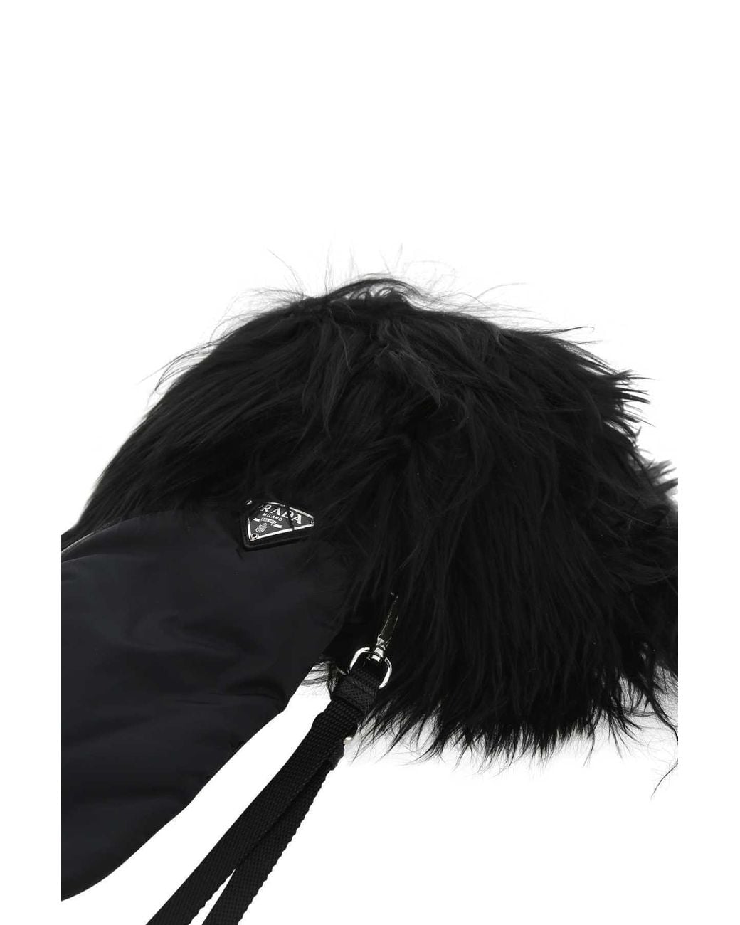 Prada Black Logo Plaque Fax Fur Gloves