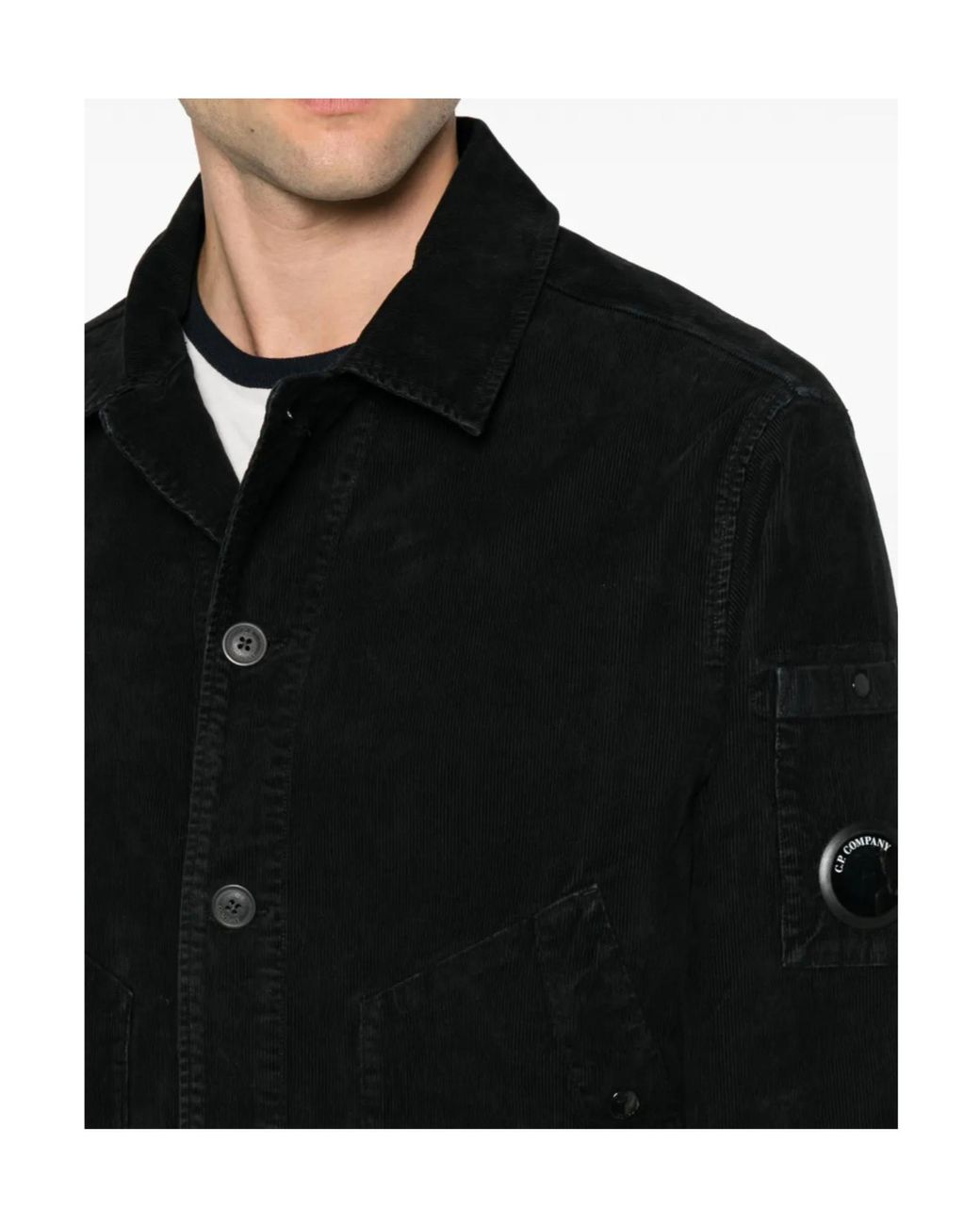 C P Company Black Corduroy Button-Front Jacket With Lens Sleeve Pocket for men