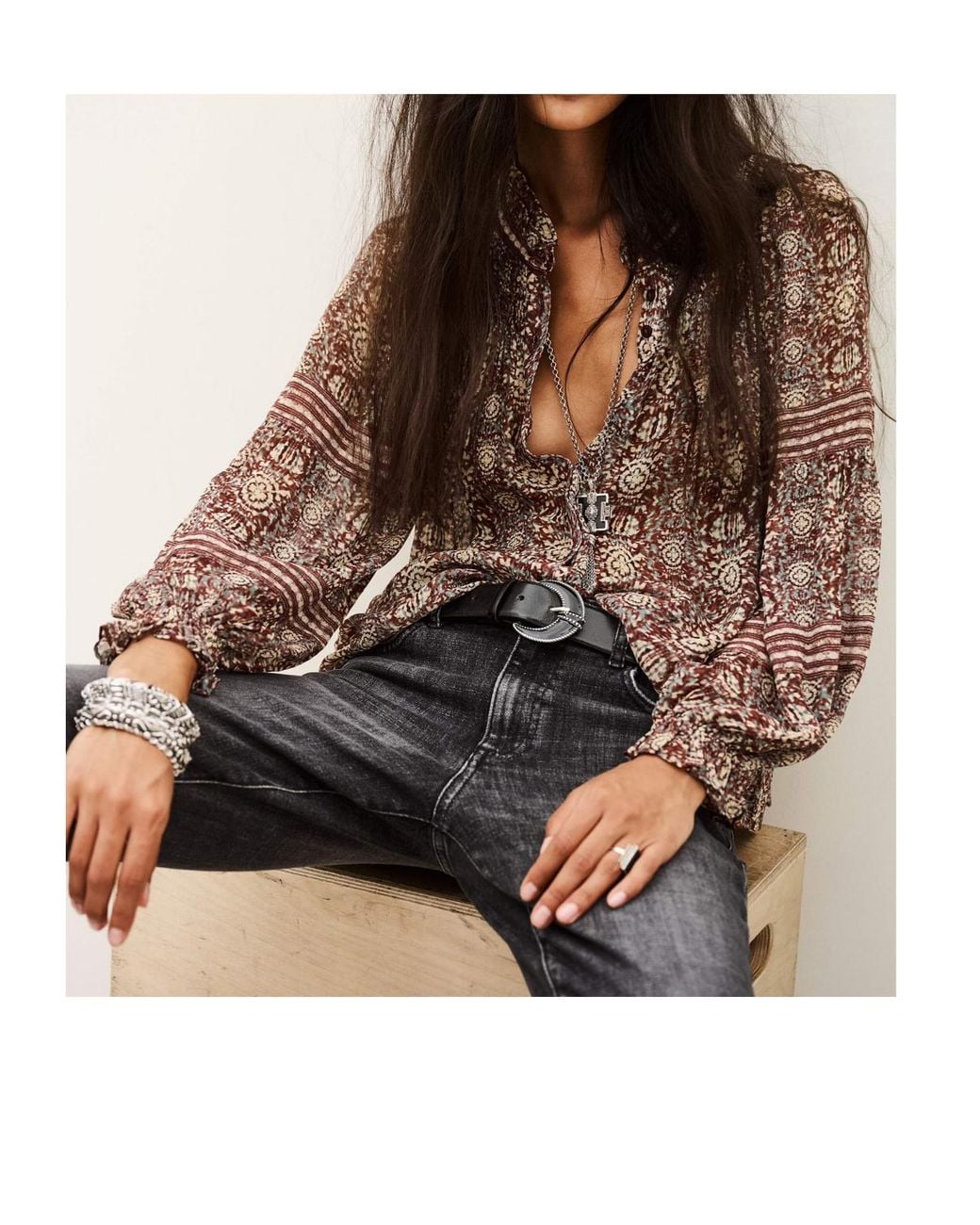 Ba&sh Brown Floral-Print Smocked Blouse