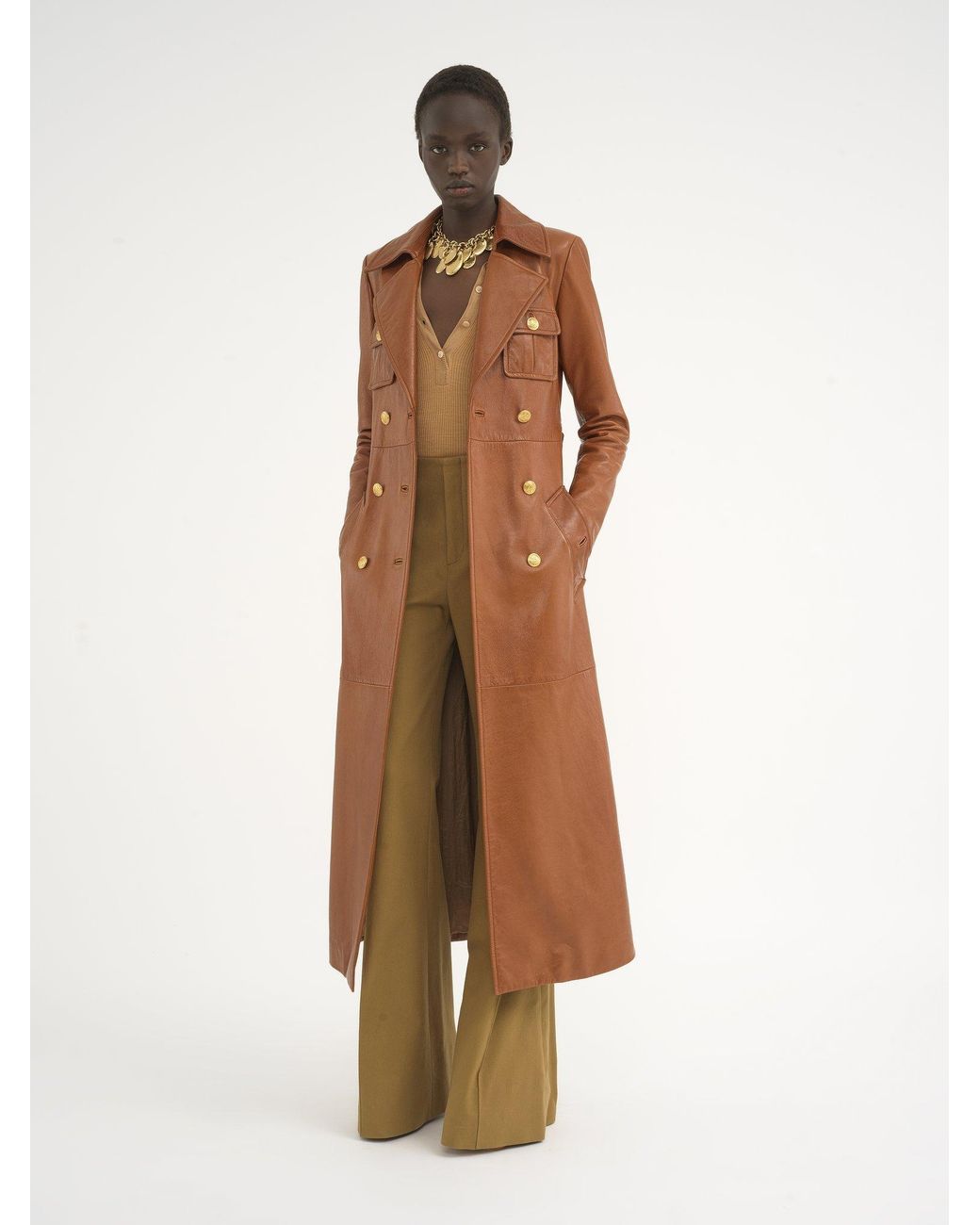 Chloé Brown Leather Military Trench Coat