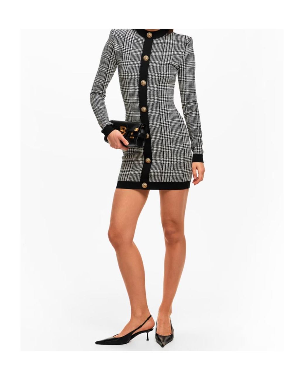 Balmain Gray Plaid Knit Dress