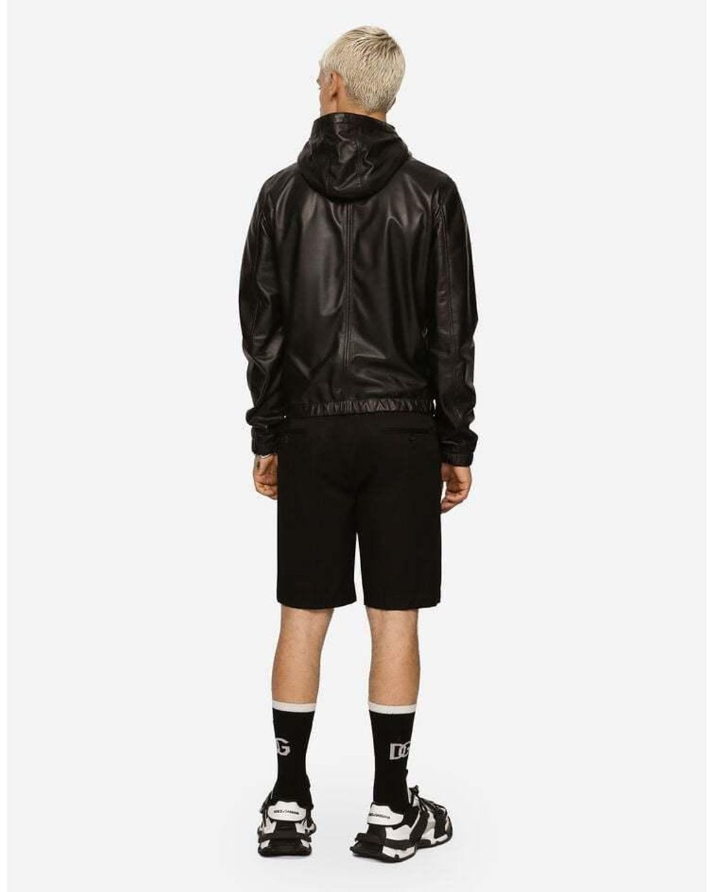 Dolce & Gabbana Black Logo-Tag Hooded Leather Jacket for men