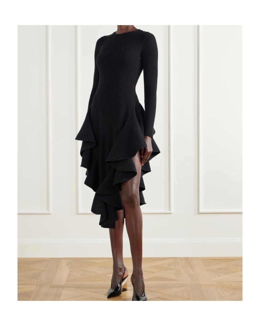 Alaïa Black Ruffled Ribbed Wool-Blend Midi Dress