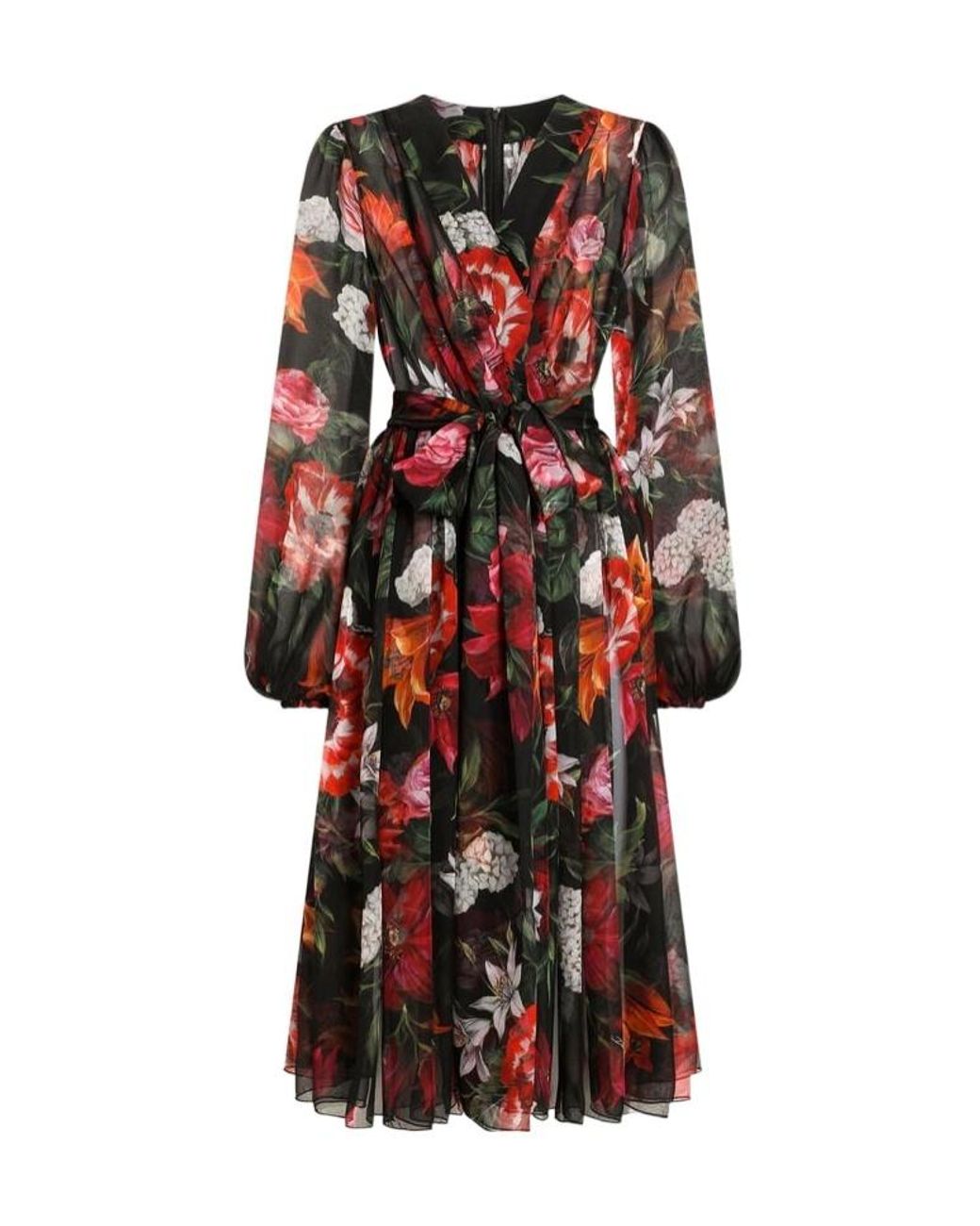 Dolce & Gabbana Red Floral Chiffon Midi Dress