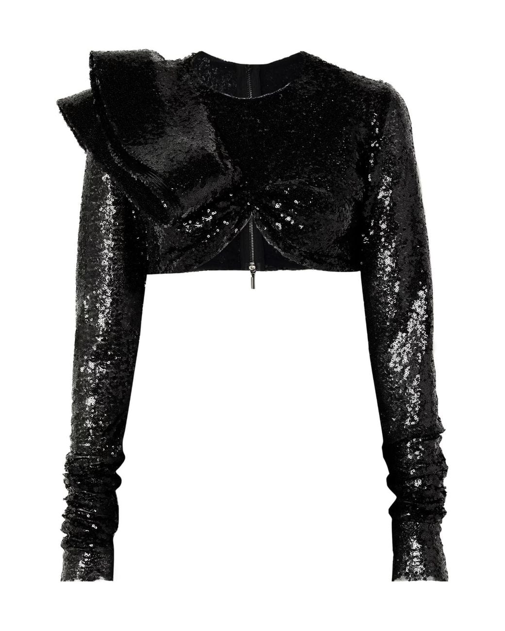 Maticevski Black Cropped Ruffled Sequined Mesh Top