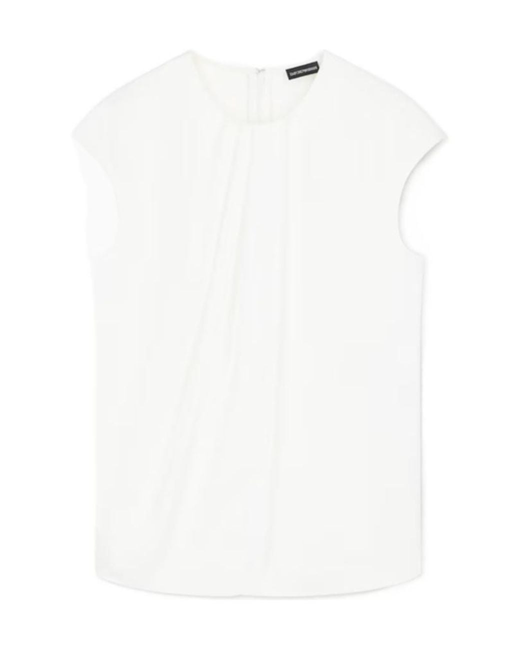 Emporio Armani White Crewneck Pleated Cap-Sleeved Blouse