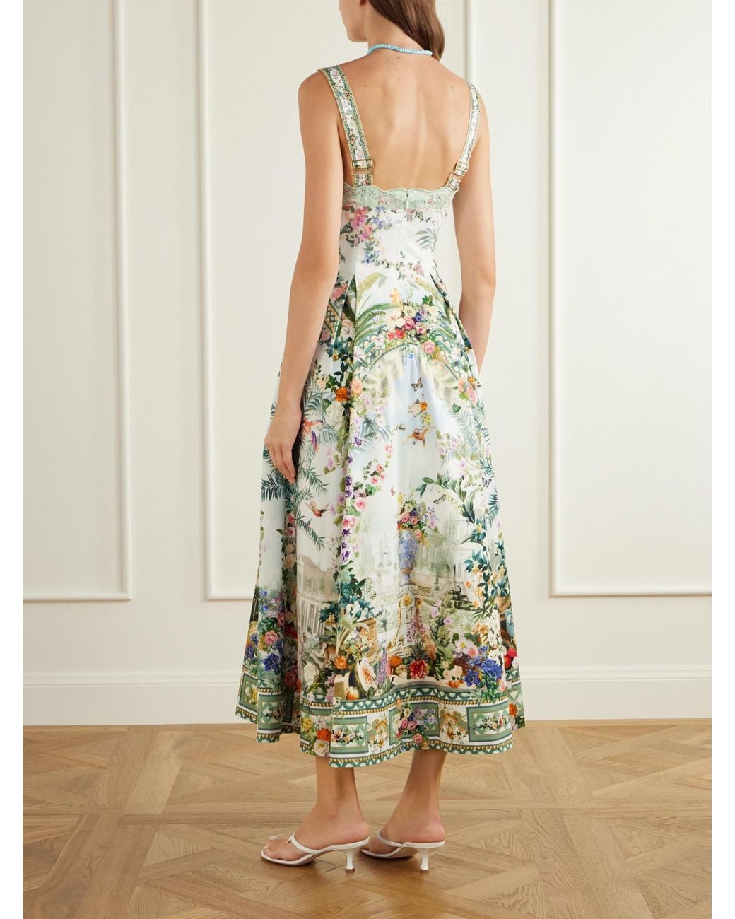 Camilla White Empress Lace-Trimmed Printed Cotton-Blend Midi Dress