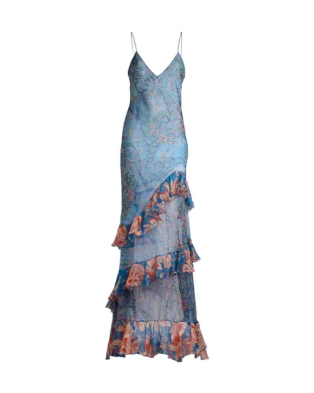 Etro Blue Floral-Printed Sleeveless Ruffled Dress