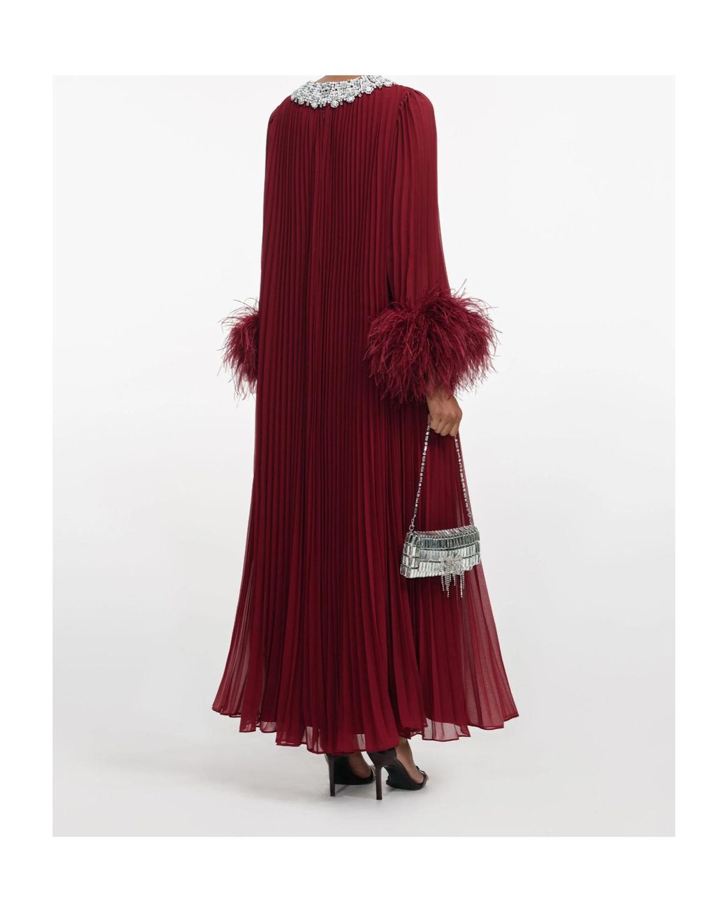 Self-Portrait Red Feather-Trimmed Chiffon Midi Dress