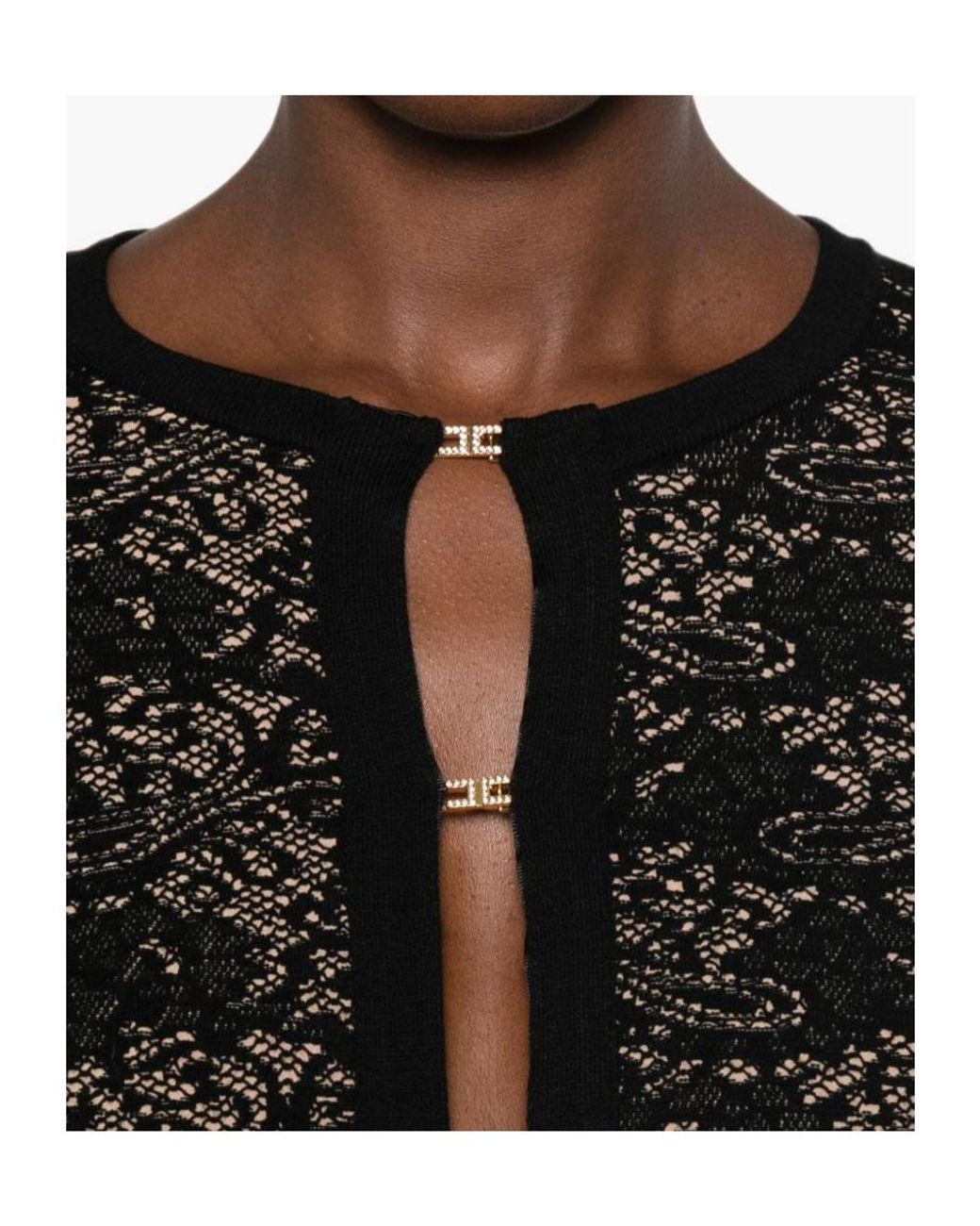 Elisabetta Franchi Black Lace-Pattern Logo-Plaque Crewneck Cardigan