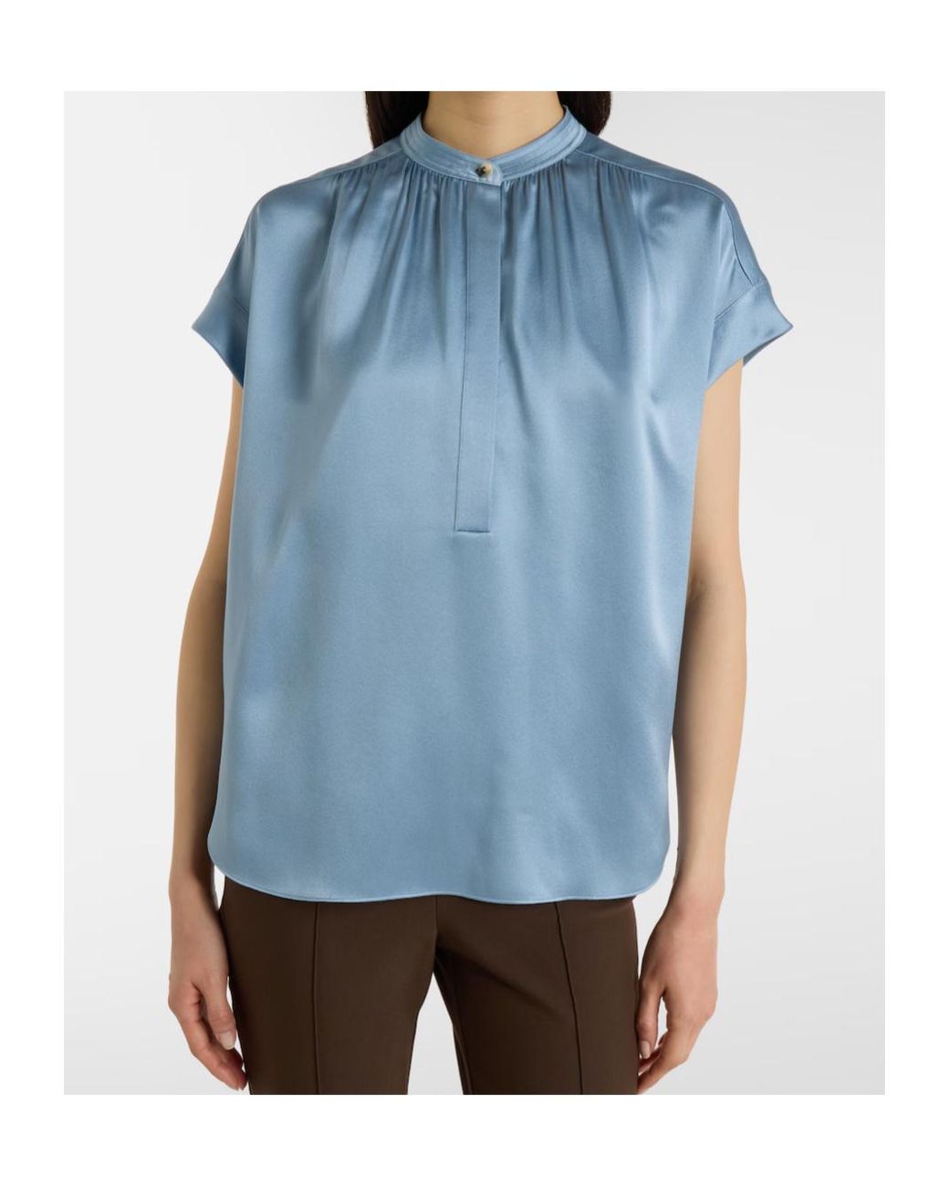 Vince Blue Gathered Silk Satin Blouse
