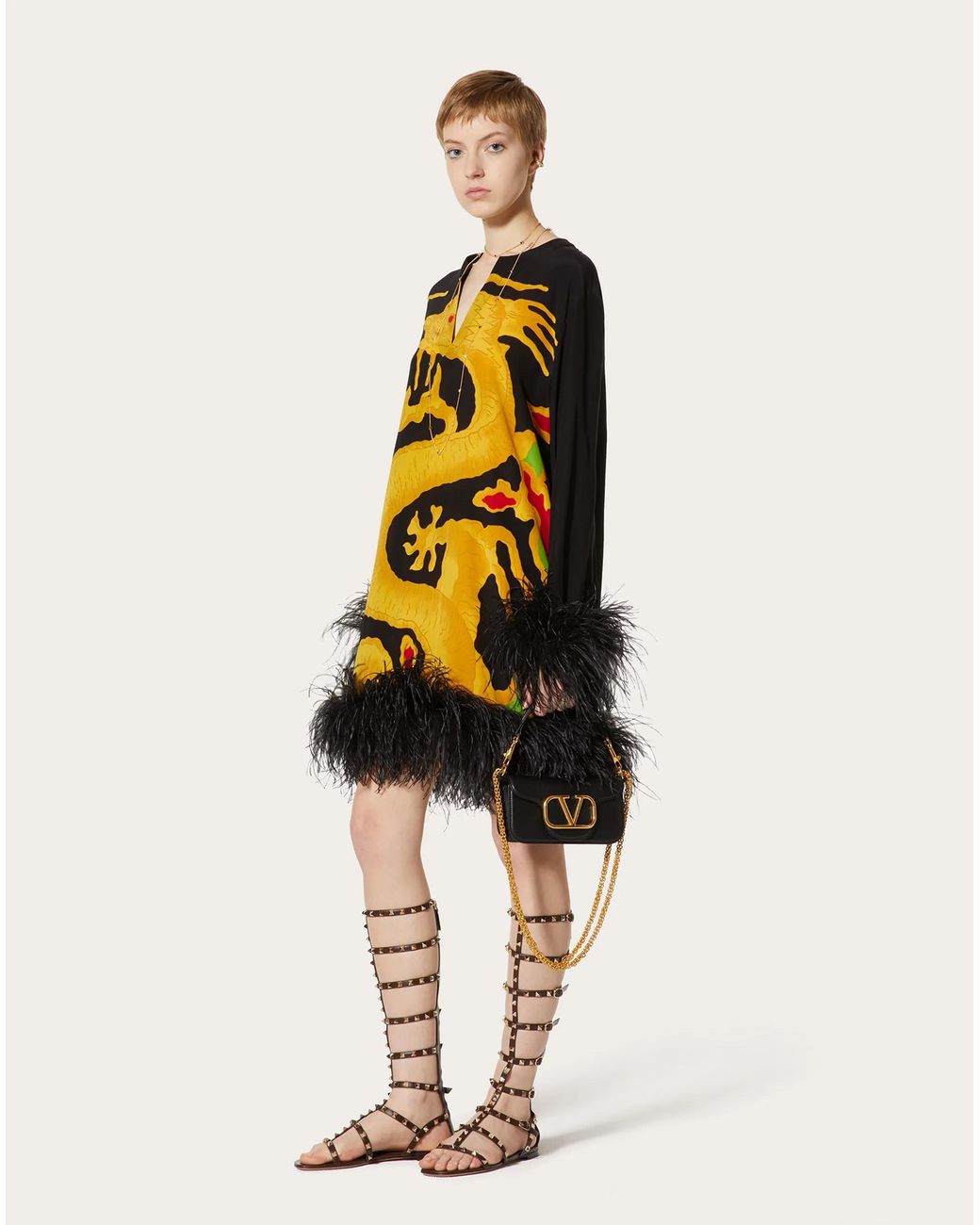 Valentino Yellow Dragon-Print Feather-Trim Silk Dress