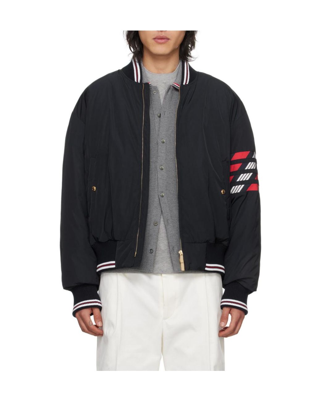 Thom Browne Blue 4-Bar Striped Zipped Puffer Bomber Jacket for men