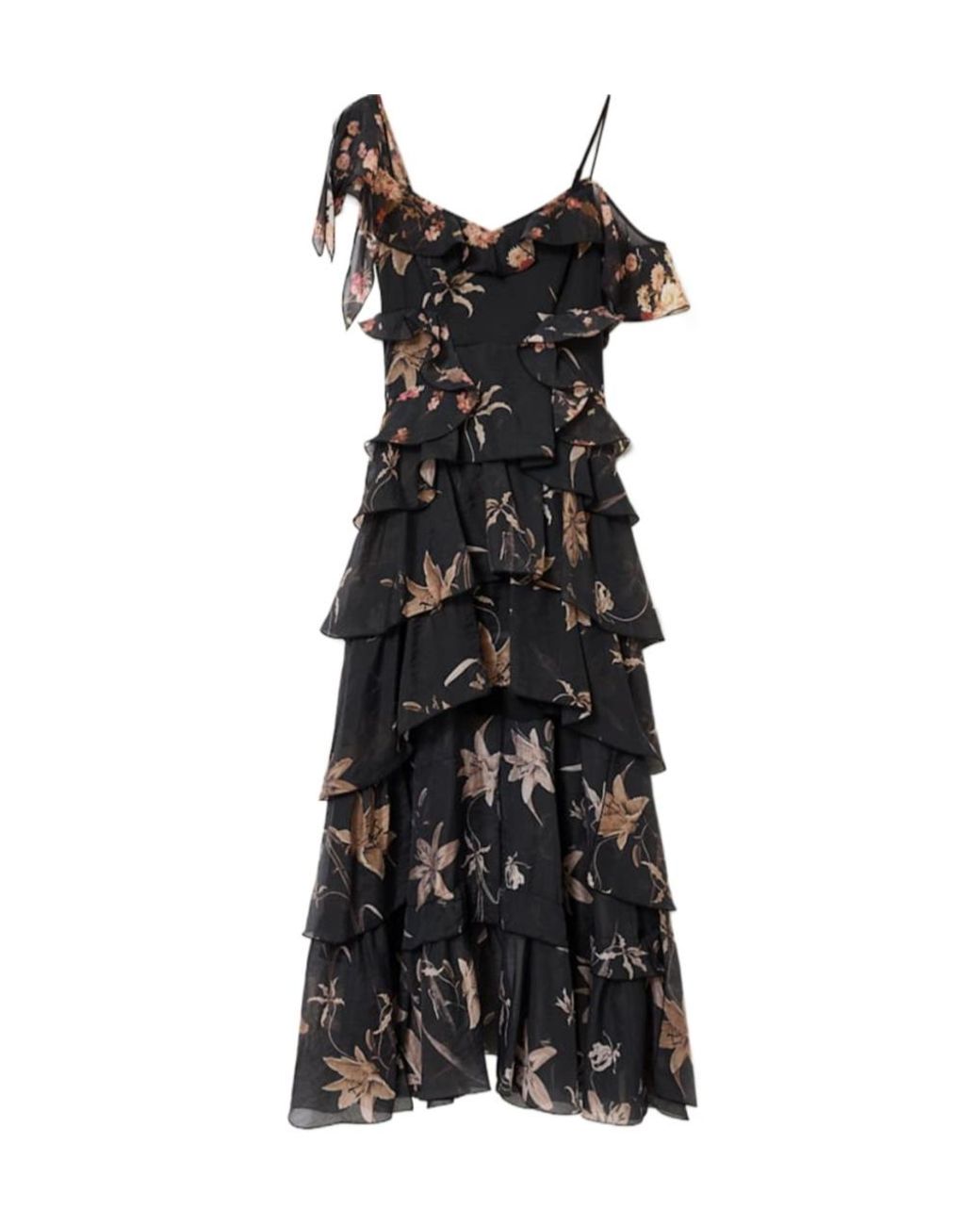 AllSaints Black Sienna Ruffled Floral-Print Midi Dress