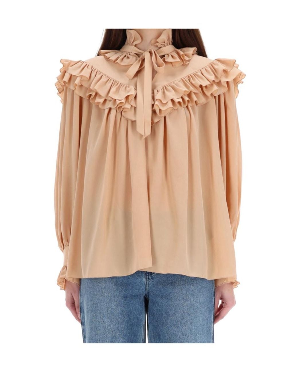 Chloé Natural Oversized Crêpe De Chine Ruffle Top
