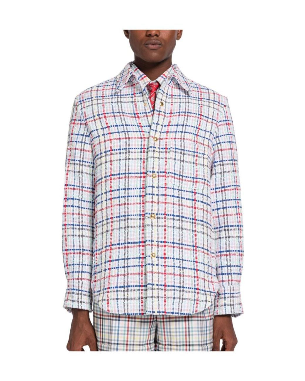 Thom Browne White Gingham Check Buttoned Overshirt for men